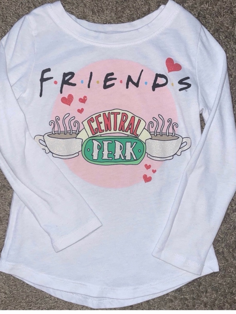 FRIENDS White Long-Sleeve Central Perk Graphic Tee with Pink and Green Accents